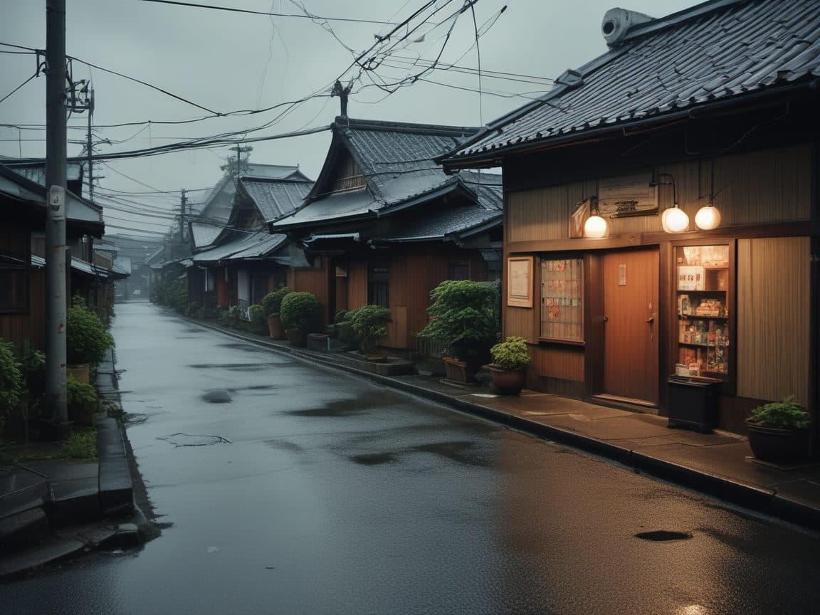 雨上がりの町の通りの写真（じつは生成 AI で作った画像）